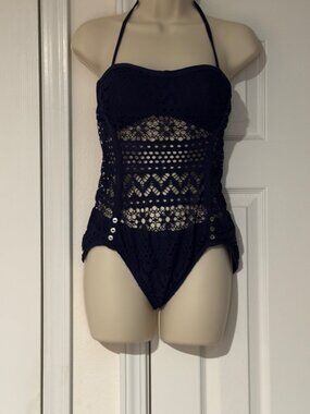 Robin Piccone 'Penelope' Crochet Overlay One-Piece Sz 10 Swimsuit sexy Navy colo